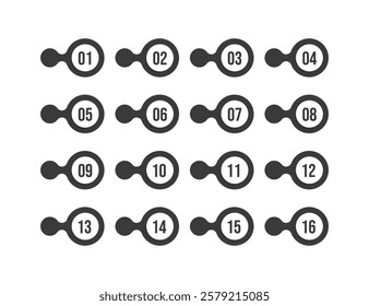 Number bullet point 1 to 16 vector set. Color tags, icons and buttons. Isolated vector set of Info markers in shape of drop with realistic shadows, digits from one to sixteen. Vector illustration.