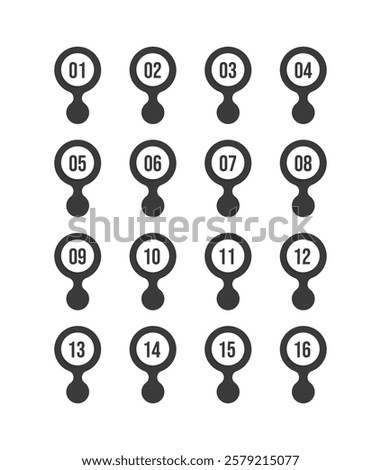 Number bullet point 1 to 16 vector set. Color tags, icons and buttons. Isolated vector set of Info markers in shape of drop with realistic shadows, digits from one to sixteen. Vector illustration.