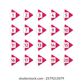 Number bullet point 1 to 20 vector icon set. Color tags, icons and buttons. Isolated 3d vector set of colorful Info markers with realistic shadows, digits from one to twenty. Vector illustration.