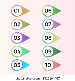 Number bullet point 3d gradient markers 1 to 10 Vector set