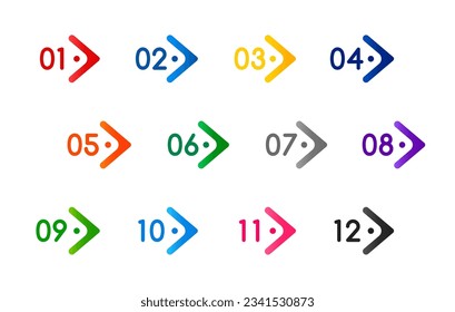 Number bullet point and arrow icons for infographics or presentation, vector pointers. Number bullet points or buttons for headline list or title market tag, arrow symbols and next page info elements