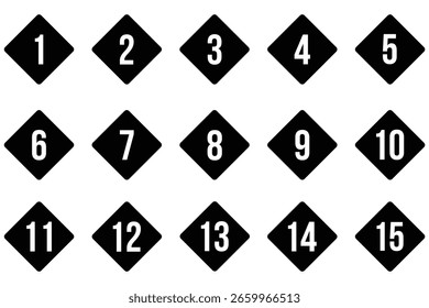 Conjunto de elementos de diseño de punto de viñeta de número. Enumere los números para las infografías. Conjunto de 1-15 números simple signo de símbolo negro para App, interfaz de usuario y Sitio web. Iconos de números delineados 1-15 en forma de diamante .