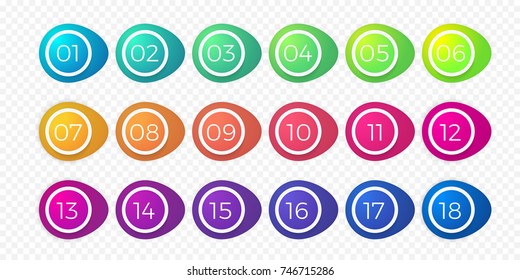 Number bullet point flat color gradient web icons set 1 to 18. Vector isolated step circle buttons or number bullet buttons of round white outline bubbles template on transparent background