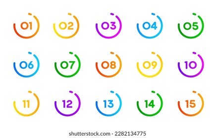 Iconos de puntos de viñeta numérica 1 a 15, botones de círculo vectorial para infografía o lista de información. Número de puntos de viñeta para el marcador de página de presentación en la línea de degradado de color redondo o marcos de círculo