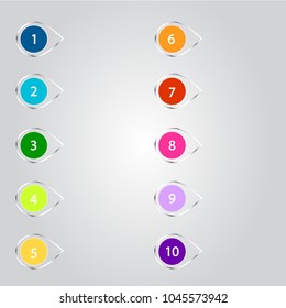 Number bullet point markers 1 to 10 geometric colorful circles with transparent glass background, vector illustration eps10