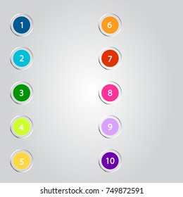 Number bullet point markers 1 to 10 geometric colorful circles with transparent glass background, vector illustration eps10