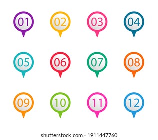Number bullet point from one to twelve. Colorful markers. Modern flags points. Vector illustration.