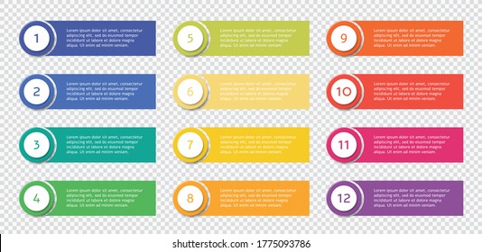 Number bullet point set with text templates isolated on transparent background, colorful list with round numbered points. Vector illustration.