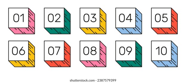 El número de puntos señala de 1 a 10 en un estilo de dibujos animados de moda. Sencillas formas retro lindas y coloridas con números 