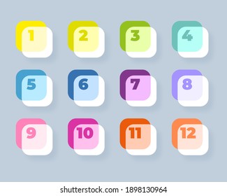 Number bullet points 1 to 12. Modern square shapes. Colorful markers