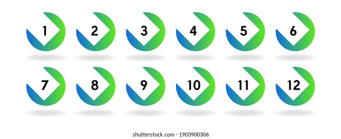 Number bullet points 1 to 12. Trendy round shapes. Modern colorful markers.