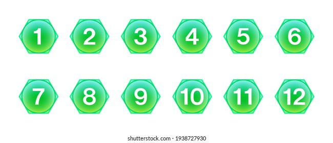 Number bullet points 1 to 12. Trendy hexagon shapes. Modern colorful markers.