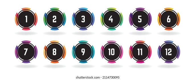 Number bullet points 1 to 12. Trendy round shapes, points. Modern colorful digital markers.