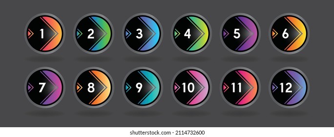 Number bullet points 1 to 12. Trendy round shapes, points. Modern colorful digital markers on dark background.