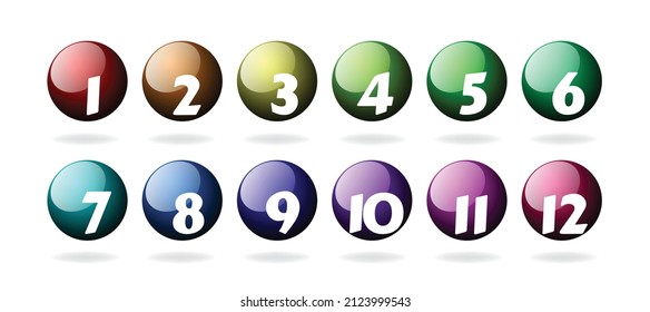 Number bullet points 1 to 12. Trendy round shapes. Modern colorful markers.