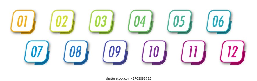 Number bullet points from 1 to 12 with realistic shadows for infographics, business presentations, educational materials
