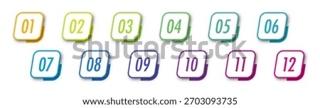 Number bullet points from 1 to 12 with realistic shadows for infographics, business presentations, educational materials