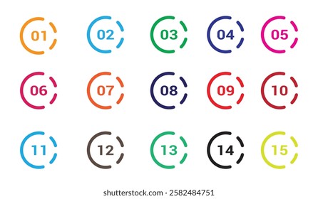 number bullet points from 1 to 15 vector set in multi color. Number info graphic circle from one to fifteen. colorful abstract bullet number shape.