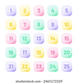 Number bullet points 1 to 25. Trendy gradient markers vector set