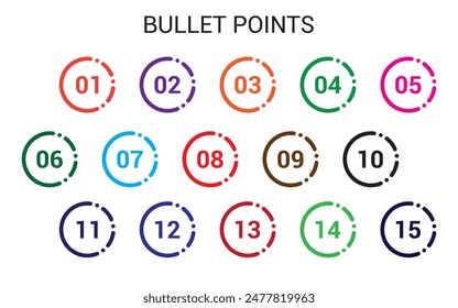 number bullet points from one to fifteen vector set. Colorful bullet point number collection