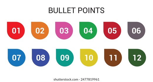 number bullet points from one to twelve  vector set. Colorful bullet point number collection