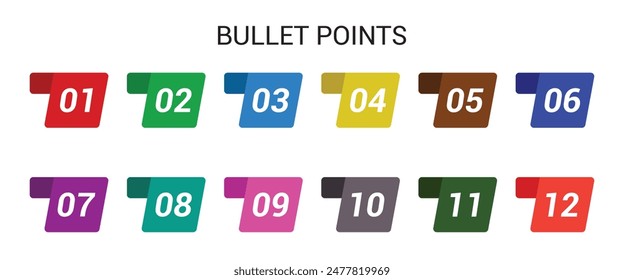 number bullet points from one to twelve  vector set. Colorful bullet point number collection