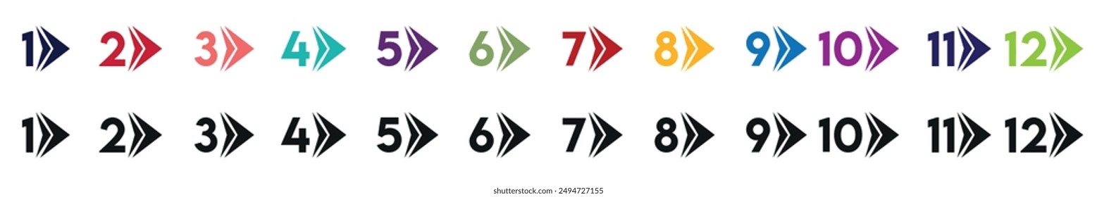 Number bullet points from one to twelve. Bullets from 1 to 12 Vector set isolated.