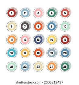 Number bullet points retro circles 1 to 25