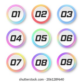 Number bullet points set 1 to 9. Gradient markers. Volumetric buttons with shadow. Set of graphic pointer with steps.