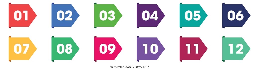 Number bullet points set 1 to 12. Transparent background