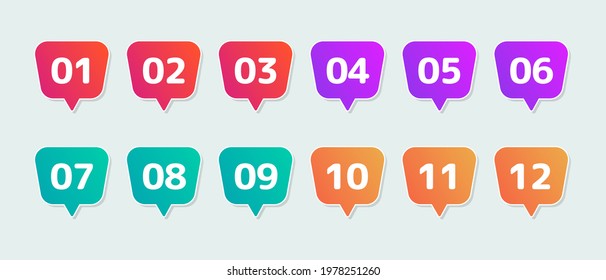 Number bullet points set. Colorful markers 1 to 12. Vector