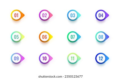 Zahlensammler, Tags, Symbole und Schaltflächen. Vektor-Marker-Set mit einer Bullet- oder nummerierten Liste. Einzeln bunte Zahlen in modernen Farbverlauf-Rahmen mit Schatten. Präsentations- und Infografik-Elemente