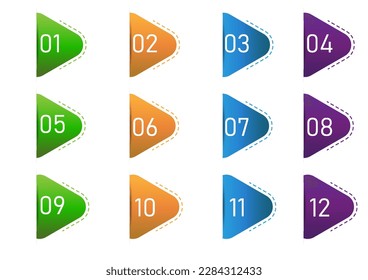 Number bullet points. Triangle pins with number 1 to 12 color object vector illustrator.