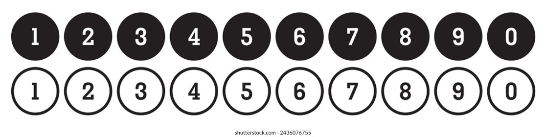Number bullet points vector set. Simple flat numbers 0, 1 to 9, design isolated on transparent.