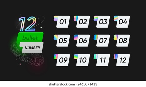 Number bullet points. Vector set of numbered buttons or tags from one to twelve, each with modern gradient design, used to present information in clear, organized manner for presentations or summaries