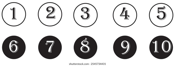 Number bullet points vector set. Simple flat numbers 0, 1 to 9, design isolated on transparent. design eps 10