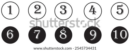 Number bullet points vector set. Simple flat numbers 0, 1 to 9, design isolated on transparent. design eps 10