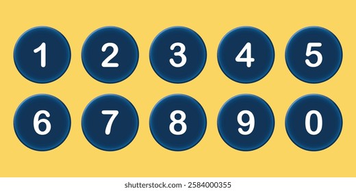 Number button set. Modern number digit set. Set of round number button isolated on yellow background. Vector illustration.