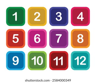 Number button set. Set of square number buttons isolated on white background. Modern number digit icon set 1 to 12. Vector illustration.