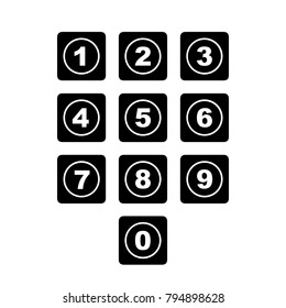Number buttons set, square number icons in black and white colors, vector illustration.
