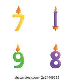 Number candle icons set cartoon vector. Colorful candle for birthday cake. Cake decoration
