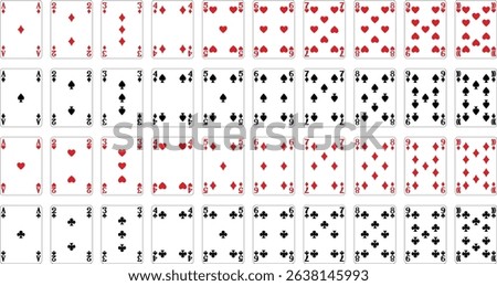 Number cards designs from a new original deck of playing cards. Four pip left handed version with identifier in all four corners.