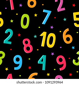 Number Cartoon Seamless Pattern With Stars Isolated On Black. Vector Background Used For Magazine, Textile, Paper, Web Pages And Scrapbooking.