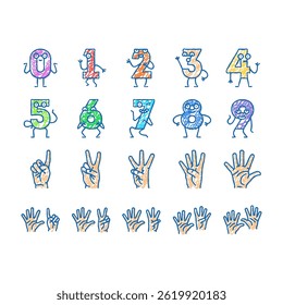 number character cute doodle icons set vector. font funny, school design, fun one, alphabet letter, typography three, education number character cute sketch hand drawn