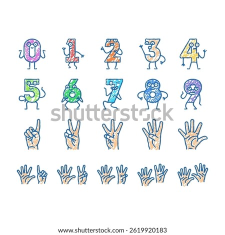 number character cute doodle icons set vector. font funny, school design, fun one, alphabet letter, typography three, education number character cute sketch hand drawn