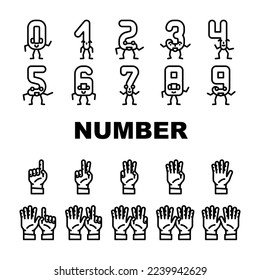 number character cute icons set vector. font funny, school design, fun one, alphabet letter, typography three, education number character cute black contour illustrations