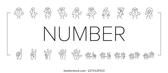 number character cute icons set vector. font funny, school design, fun one, alphabet letter, typography three, education number character cute black contour illustrations