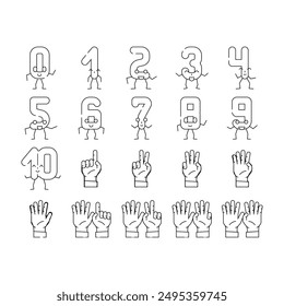 number character cute icons set vector. font funny, school design, fun one, alphabet letter, typography three, education number character cute black contour illustrations
