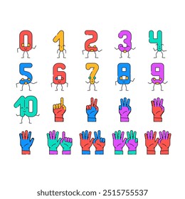 number character cute icons set vector. font funny, school design, fun one, alphabet letter, typography three, education number character cute color Contour Illustrations