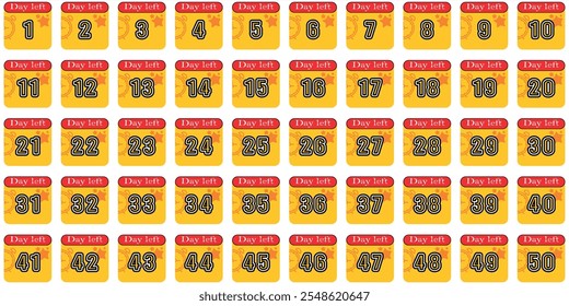 Number Chart 1-50 number ,day left,clock star yellow red box icon